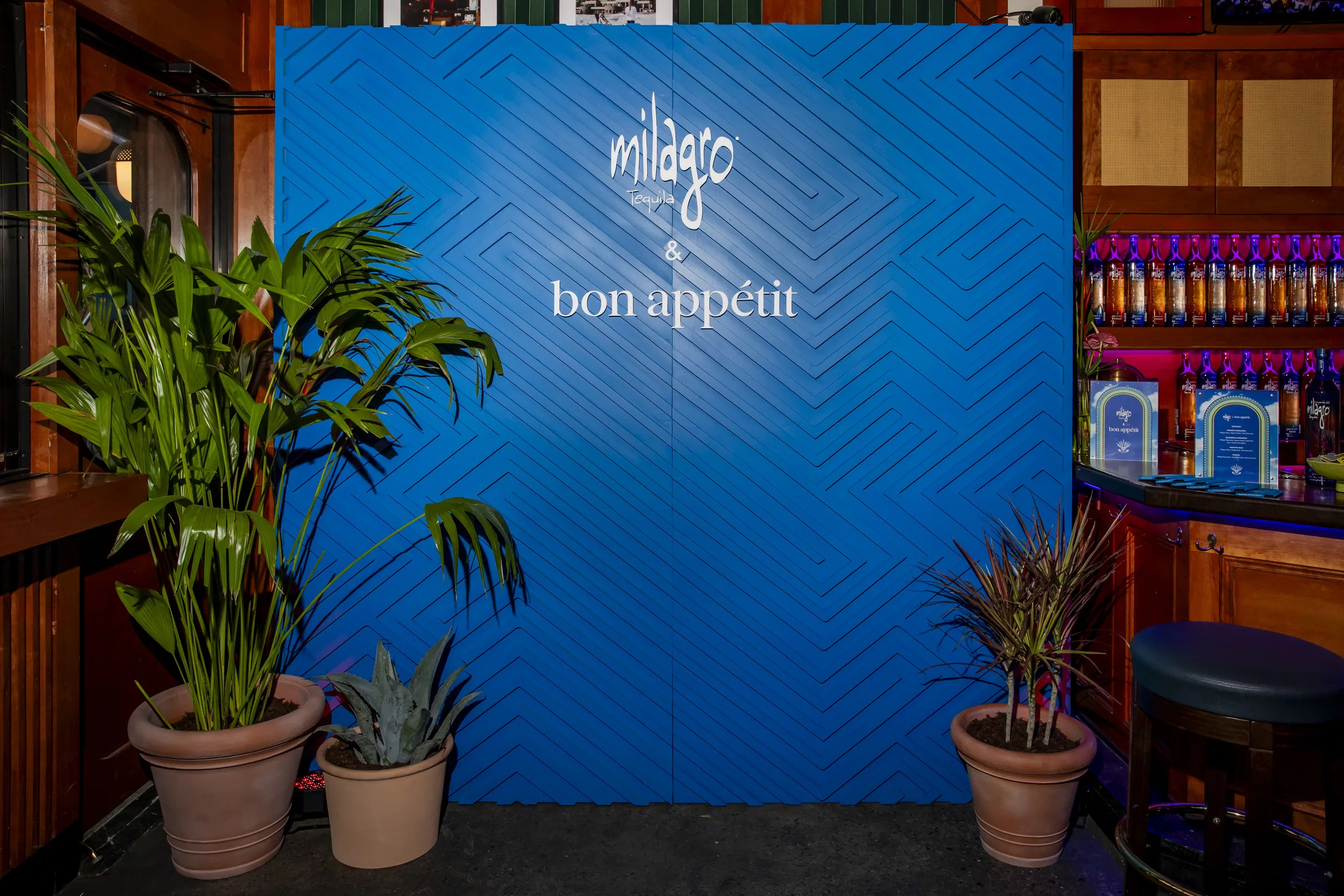 The blue Milagro and Bon Appétit photo backdrop with palms